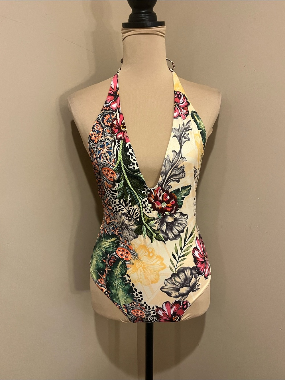 OndadeMar Sexy Boho Coastal luxury  Embroidered Beaded Deep V One Piece, small